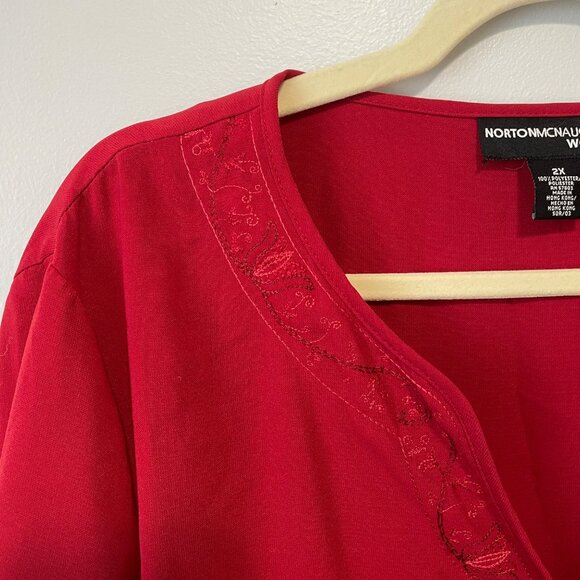 Norton McNaughton Woman Red Button-Front Blouse 2X Polyester Long Sleeve Embroid - Picture 2 of 4